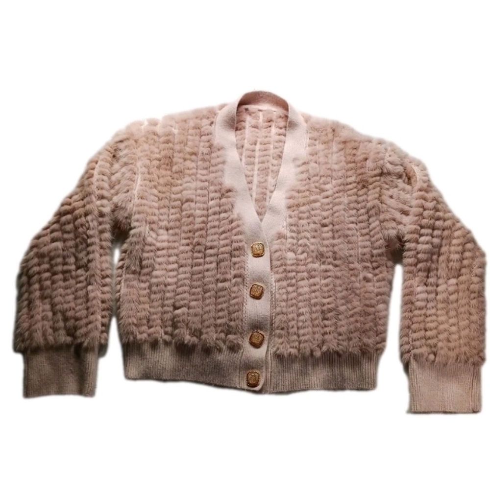 Mink Fur & Cashmere Knit Sweater Women's Size Small V-Neck Button Up ITALIAN